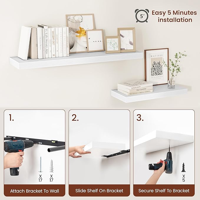 Vivelove 2" Thick Floating Shelves, 24/36/48/55 Inch X 12 Deep Shelves for Room Wall Mounted, Floating Shelf for Living Room Bedroom Bathroom Kitchen Laundry Room, Set of 2 White