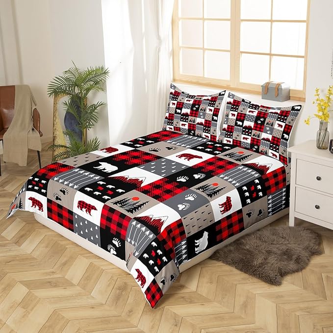 Manfei Christmas Duvet Cover Set King Size Cute Bear Tree Print Comforter Cover Geometric Checkered Bedding Set 3pcs for Kids Boys Girls Cartoon Animal Bedspread Cover with 2 Pillowcases,No Comforter