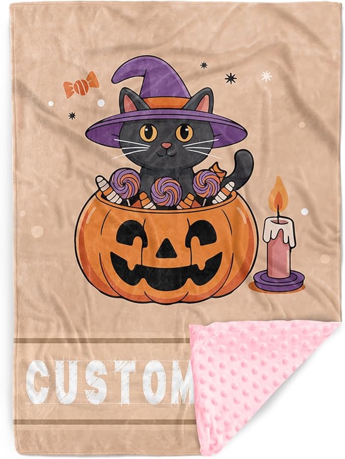 Personalized Halloween Blanket for Girls, Custom Baby Blanket with Name, Cat Pumpkin Theme Soft Minky Dot Blanket, Halloween Decor Christmas Birthday Gifts for Kids Toddlers