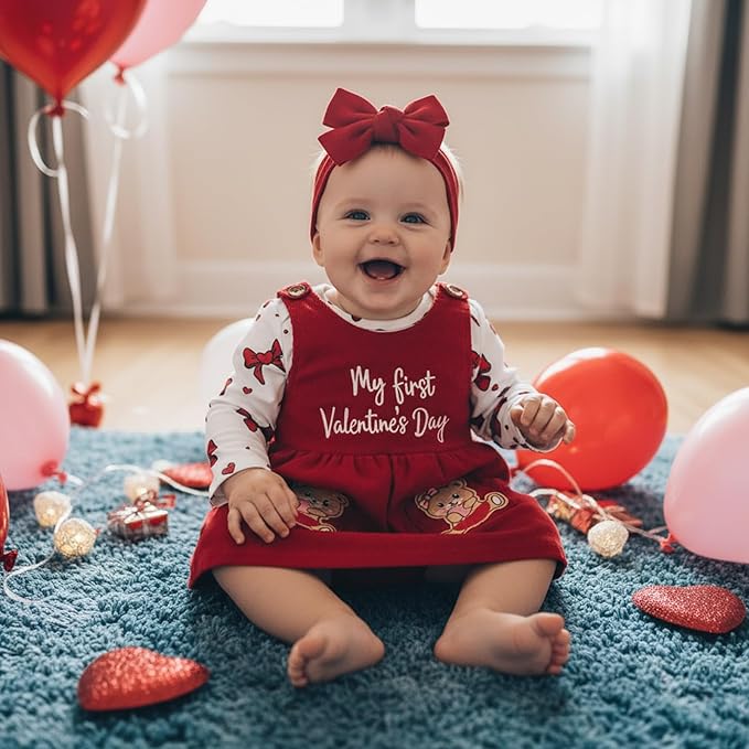 FIOMVA My First Valentines Day Outfit Clothes Baby Girl Romper Love Onesie Heart Embroidery Overalls Suspender Dress Set