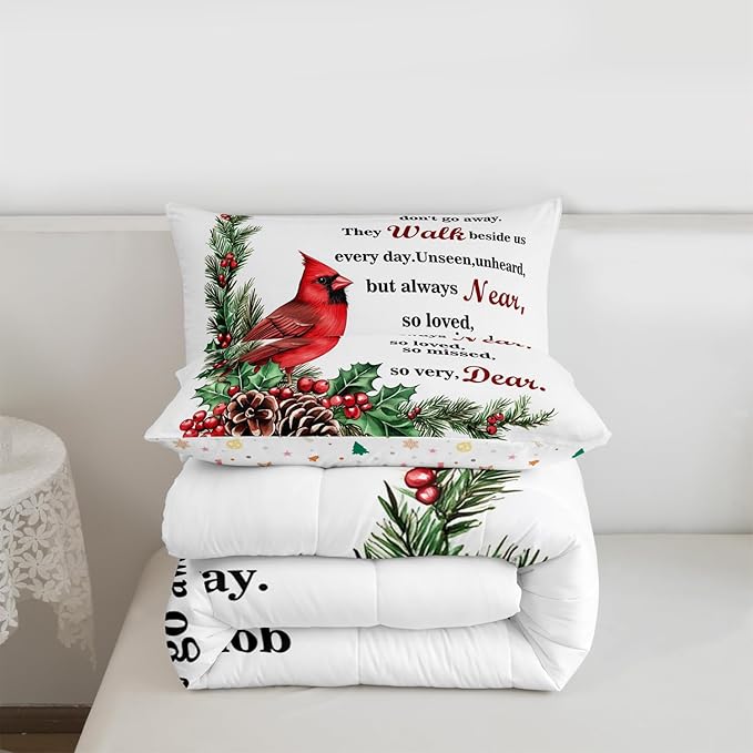 Red Cardinal Kid Comforter Set Queen Size,Christmas Bird Holly Pinecone Bedding Set,Girl Boy Room Decor,Poinsettia Animal Quilt Comforter,White Red Green Duvet Set Bedroom Quilt Set,2 Pillowcases