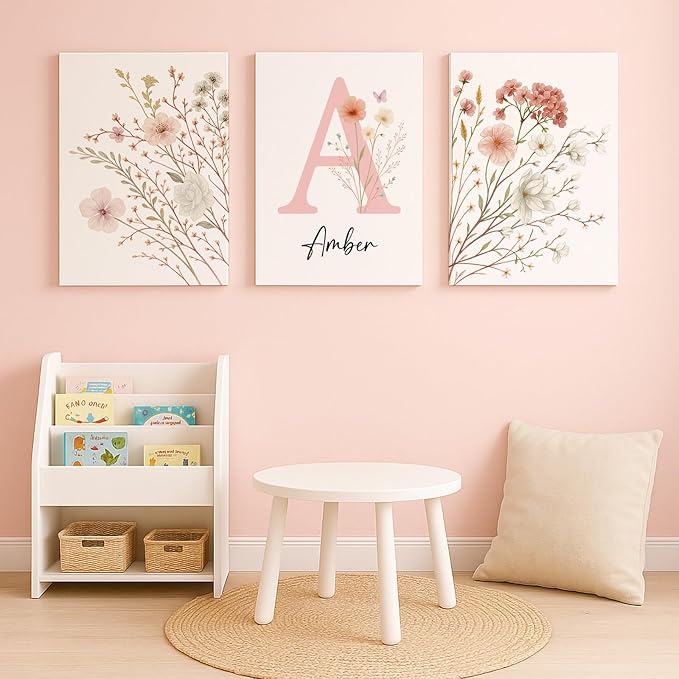 Personalized Girls Nursery Wall Art - Custom Name Pink Floral Butterfly Canvas Print 3pc Framed Wrapped Canvas for Bedroom Living Room Entryway Study Room Initial Wall Decor Baby Shower Birthday Easter Graduation New Year Valentine's Day Gift (40×50cm/...