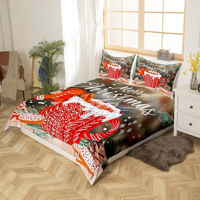 Manfei Christmas Duvet Cover Set Queen Size, Snowflake Pine Print Comforter Cover with 2 Pillowcases, New Year Theme Bedding Set 3pcs for Kids Boys Girls Bedroom Decor,No Comforter