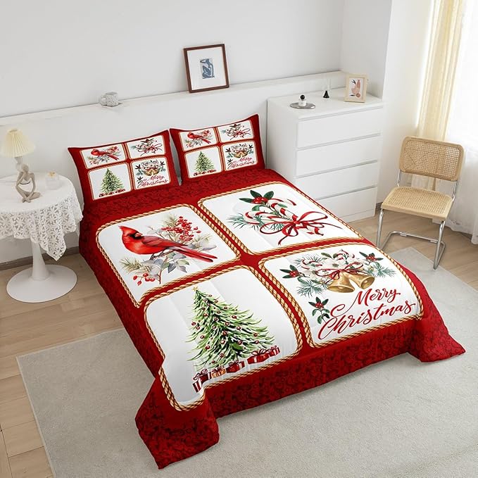 Christmas Plaid Comforter Set Twin Size,Berries Cardinals Xmas Pine Print Bedding Set for Kids Boys Men,Floral Bells Red Lace Patchwork Quilted Duvet Set with 1 Pillowcase