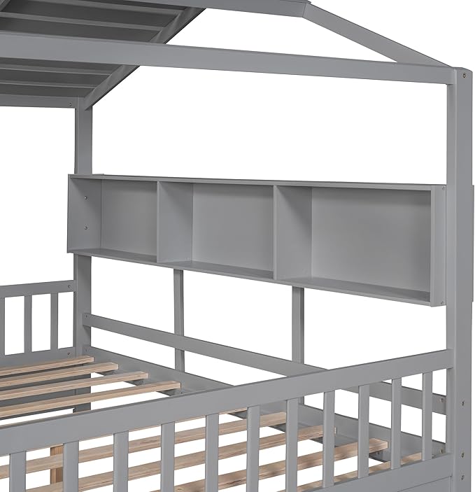 Full Size House Bed with 2 Drawers and Storage Shelf, Playhouse Design Solid Wood Kids Platform Bed Frame for Girls Boys, Decorable Daybed with Sturdy Slats Support, Space-Saving (AF-Gray)
