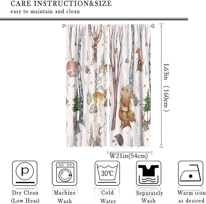 Rustic Forest Window Curtains Curtains, Woodland Animal Bear Deer Hedgehog Fox Squirrel Watercolor Blackout Rod Pocket Treatments Drapes for Boys Girls Bedroom 42x63in