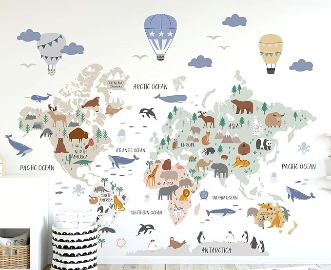Animal World Wall Decal - Map Wall Sticker - Children's World Map - Nursery & Bedroom Decal (100" W x 86" H)