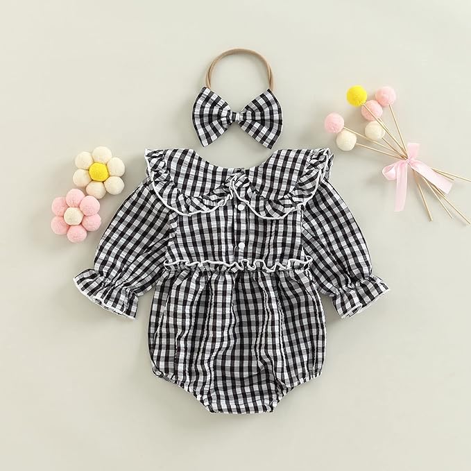 Karuedoo Newborn Baby Girl Clothes Gingham Plaid Bubble Romper Long Sleeve Ruffle Bodysuit with Headband Spring Fall Outfit