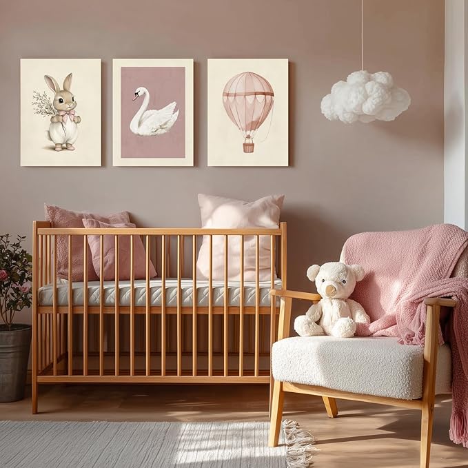 kilamino Pink Baby Girl Nursery Wall Art, Neutral Cute Rabbit and Swan Wall Decor, Vintage Hot Air Balloon Poster Prints, Pastel Bunny Animals Canvas Paintings for Baby Room Playroom Framed 16"x24"x3