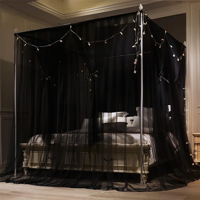 VETHIN 4 Corners Post Princess Bed Canopy Curtain Double Layer Cozy Drape Netting 4 Opening Mosquito Net for Girls & Adults Bedroom Decoration Accessories (Double Black, 47" W*78" L*82"*H/Twin)