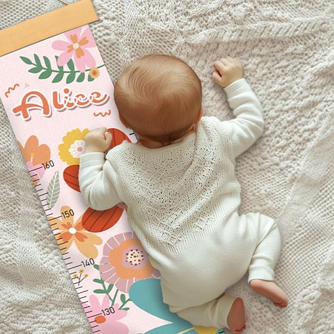 Personalized Name Growth Chart Wall Decor for Kids – Canvas Removable Height Chart Measuring Ruler 59" x 7.9" (Big Flower)