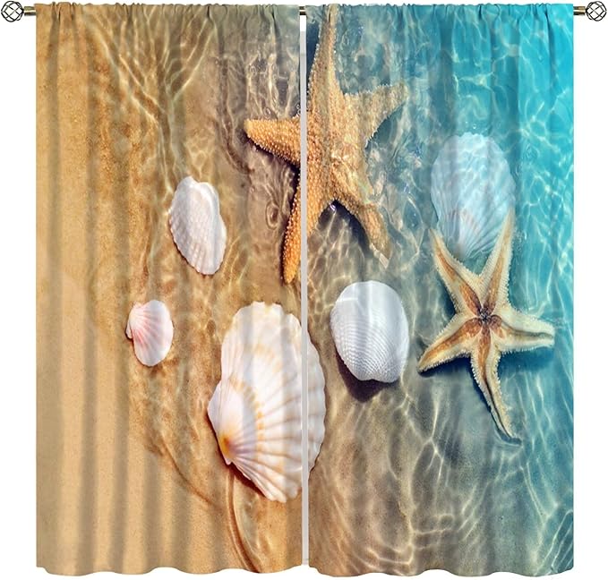 Beach Curtain for Bathroom Decor，Sea Turtle Starfish Seashell Nautical Ocean Coastal Scenery Art Printed Fabric Polyester Waterproof Set 2 Panels,52x84 Inches