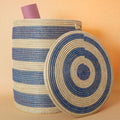 Extra Large Blue Stripes Storage Basket for Living Room Blankets, Bedroom Laundry and Nursery Toys - Decorative, Wicker, Woven, Round, Handles, Lid