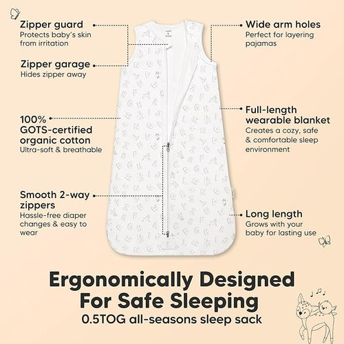 2-Pack Baby Sleep Sacks, Zipper Wearable Blanket - 0.5TOG Organic Cotton, Lightweight, Soft Cozy Infant Sleeping Sack 3-6 months,Easy to Wear Small Newborn Transition Swaddles Sleepsacks(ABC Land Sky)
