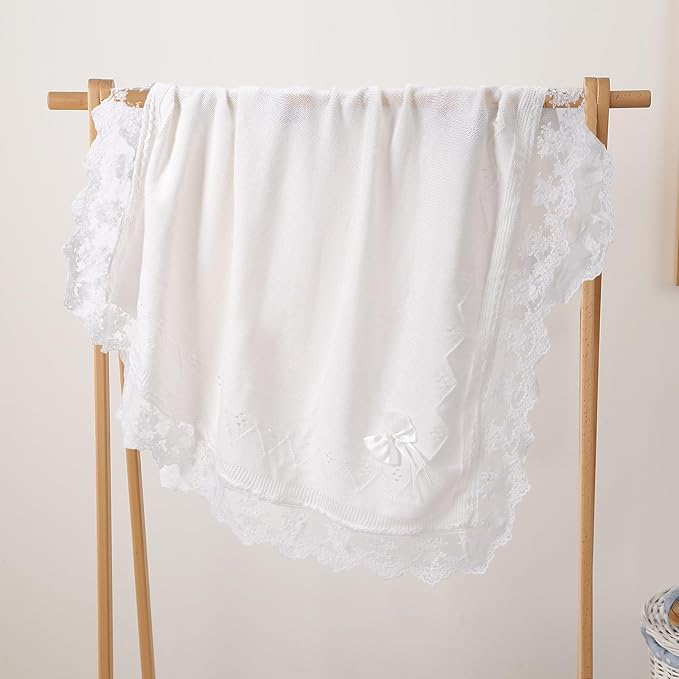 Booulfi Baby Blanket for Girls Boys Swaddles for Newborns Receiving Blankets Neutral Baptism Christening Knit White Baby Blanket Small Baby Crib Blanket, 37x42
