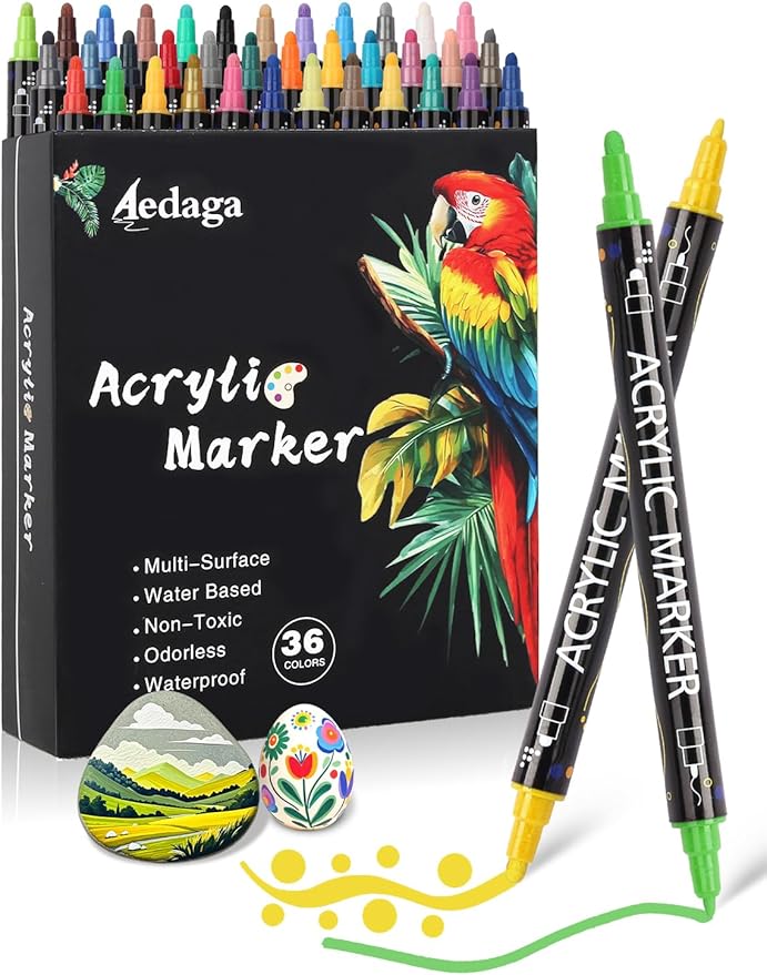 36 Colors Acrylic Paint Pens,Acrylic Paint Markers Dual Tip with Fine Tip and Dot Tip,Dot Marker for Kids Adults, Glass, Stone, Wood, Canvas, Paper, Pottery