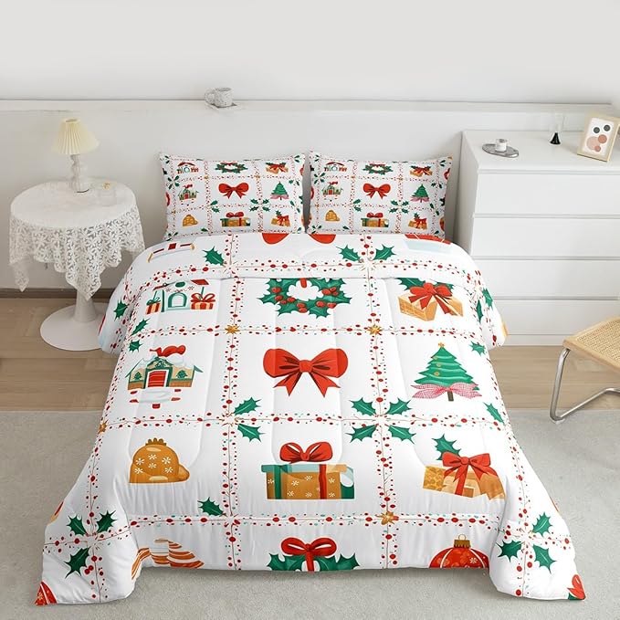 Feelyou Christmas Decor Kids Comforter Set Queen Size Red Bowknot Bedding Set New Year Gift Duvet Quilt for Kids Boys Girls Bedroom Happy New Year Decor Microfiber Ultra Soft Breathable