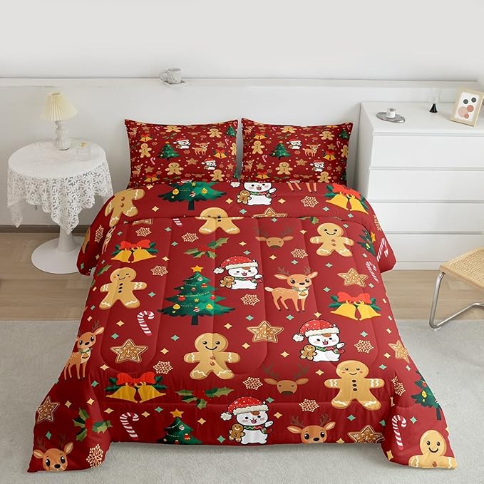Feelyou Merry Christmas Comforter Set King Size Gingerbread Man Bedding Set for Kids Boys Girls Cute Deer Duvet Quilt Christmas Tree Microfiber 3 Pcs with 2 Pillow Cases