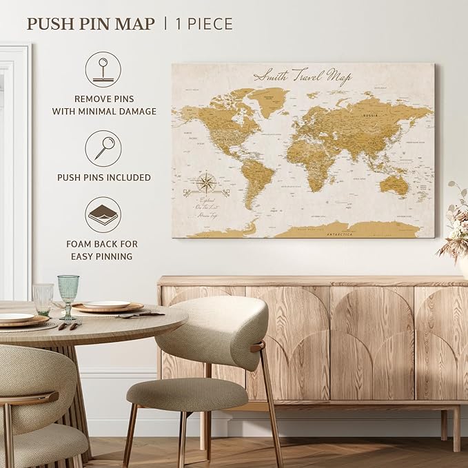 ElephantStock - Personalized Travel Push Pin World Map Wall Art - Horizontal Canvas Wall Art - Living Room Wall Decor - Digital Art Map Canvas Art - Orange And Beige Decor - 12" x 8"