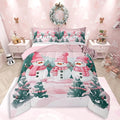 Feelyou Pink Christmas Kids Comforter Set Full Size Merry Christmas Tree and Snowman Bedding Set Cute Snowman Duvet Quilt for Kids Boys Girls Bedroom Xmas Snowflake Decor Kawaii Ultra Soft Breathable