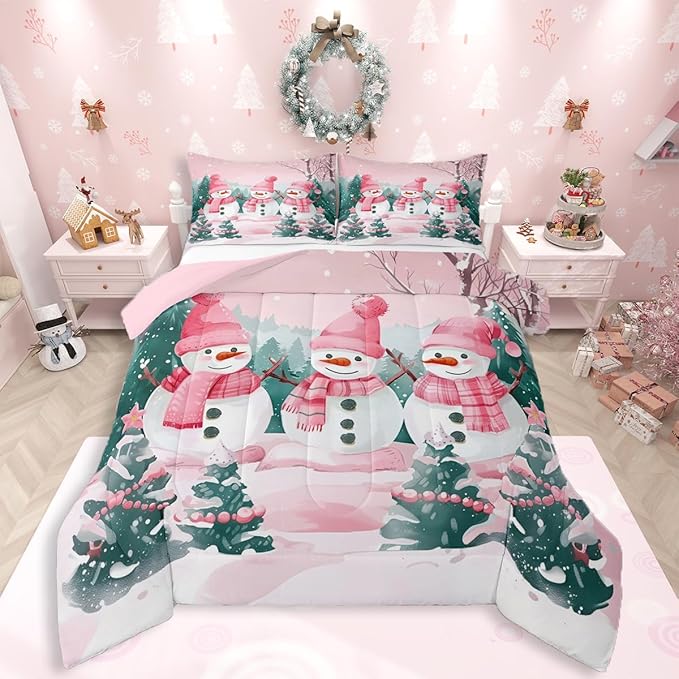 Feelyou Pink Christmas Kids Comforter Set Queen Size Merry Christmas Tree and Snowman Bedding Set Cute Snowman Duvet Quilt for Kids Boys Girls Bedroom Xmas Snowflake Decor Kawaii Soft Breathable