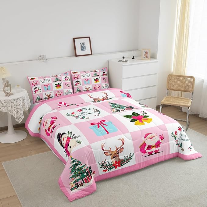 Erosebridal Merry Christmas Comforter Set for Kids Christmas Tree Quilt Twin Size with 1 Pillow Case Santa Claus Xmas Decor Bedding Set Kawaii Snowman Bedding Comforter Sets,Pink