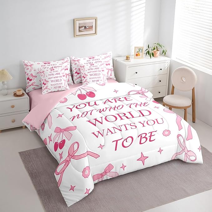 7 Pieces Pink Bowknot Kids Comforter Set Full,Cherry Tropical Fruit Cute Princess Bedding Set,Bow Tie Stars Daisy Floral Romantic（Comforter+Fitted+Flat Sheet+2 Pillowcases+2 Throw Pillow Covers）