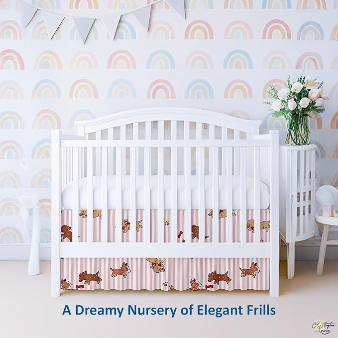 Cottington Lane Crib Skirt Dust Ruffle, 100% Natural Cotton, Soft, Durable Nursery Crib Toddler Bedding Skirt for Baby Girls or Boys, Fits Standard Cribs 28" x 52" with 14" Drop, Puppy Love