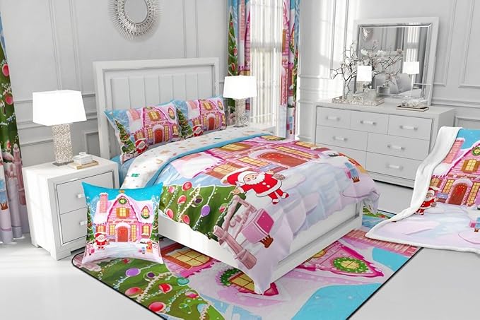 Feelyou Merry Christmas Pink Comforter Cover Set Cartton Cute Santa Claus Bedding Set Queen Size for Kids Boys Girls Bedroom Bed Decor Xmas Duvet Cover Set Soft Quilt Cover,No Comforter
