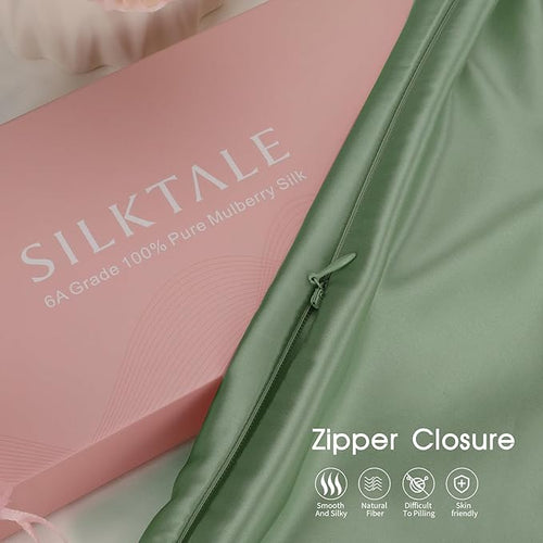 100% Mulberry Silk Pillowcase with Hidden Zipper,Both Sides Pure Silk Breathable Pillow Case for Hair and Skin,19 Momme Grade 6A,1pc,Sage Green,Queen Size 20x30 Inches