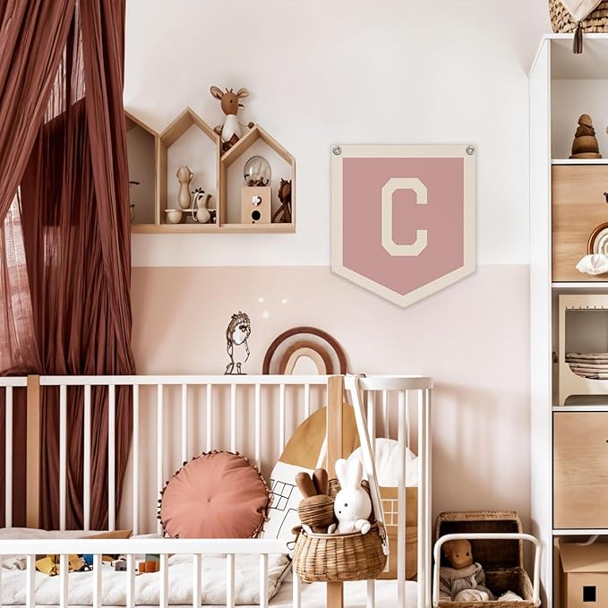 Lacama Baby Shower Decor Gifts, Pink Initial Personalized Preppy Banner, Baby Girl Nursery Decor, Initial Pennant，Vintage Room Decor Toddler Room Bedroom Playroom Front Door Birthday Gift(C)