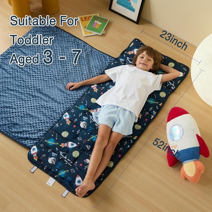 beeweed Toddler Nap Mat, Rollup Design Kid Sleeping Mat with Removable Pillow & Minky Blanket, Toddler Sleeping Bag for Daycare Preschool Travel Camping