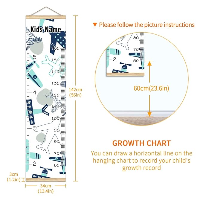 Personalized Kids Name Growth Chart Ruler for Wall Wood Frame Height Measure Chart 13.4x56 in Linen Hanging Height Growth Chart Airplane Collection Kids Room Decor