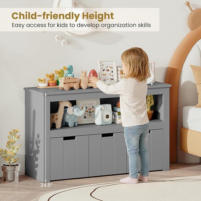 Costzon Toy Storage Cabinet, Toy Chest w/ 3 Removable Drawers, Wheels & Spacious Tabletop, Toddler Storage Organizer for Kids Room, Playroom & Nursery (Grey, 13" D x 40" W x 24.5" H (3 Drawers))