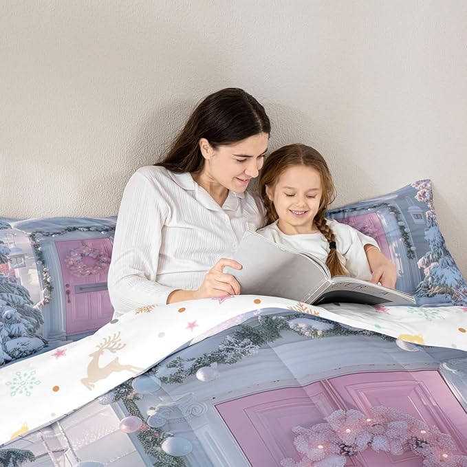 Feelyou Winter Snowscape Bedding Set Soft for Boys Girls, Merry Christmas Comforter Set King Size Pink Door Duvet Quilt Microfiber Garland Xmas Tree Bedroom Decor 3 Pcs with 2 Pillow Cases
