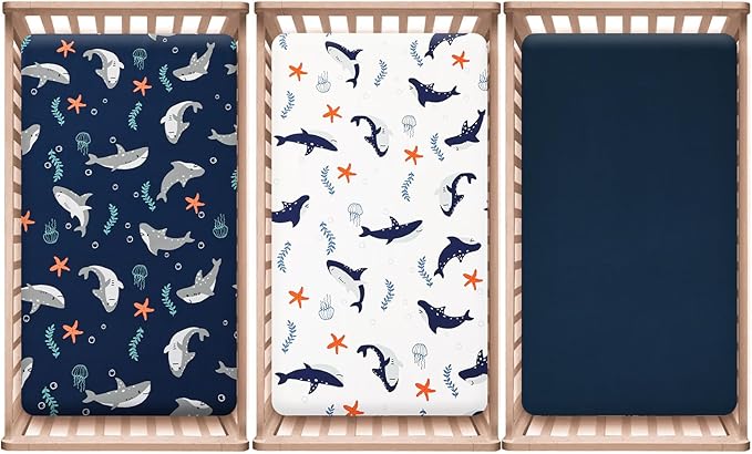 PHF 3 Pack Soft Shark Crib Sheets Fitted, Comfy Breathable Baby Sheets for Boys, 28x52 Inches Fits Standard Crib and Toddler Mattresses, Shark