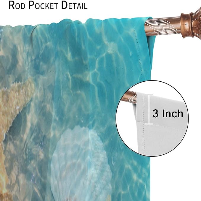 Beach Curtain for Bathroom Decor，Sea Turtle Starfish Seashell Nautical Ocean Coastal Scenery Art Printed Fabric Polyester Waterproof Set 2 Panels,42x45 Inches