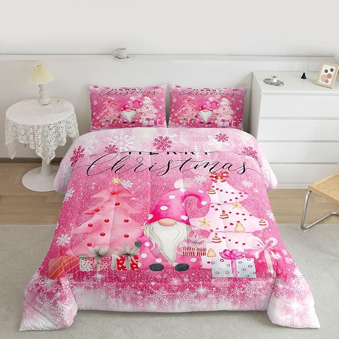 Castle Fairy Girly Christmas Full Size Comforter Set,Pink Gnome Xmas Pine Trees Gift Bedding Comforters Bedroom Collection,Snowflake Stars Glitter Sparkling Bedding Set for Girls Teens