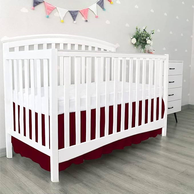 100% Egyptian Cotton, Nursery Crib Toddler (24" x 38" + 10") 800 Thread Count Crib Skirt Dust Ruffle, Bedding Skirts for Baby Boys or Girls, 10" Drop, Burgundy Solid