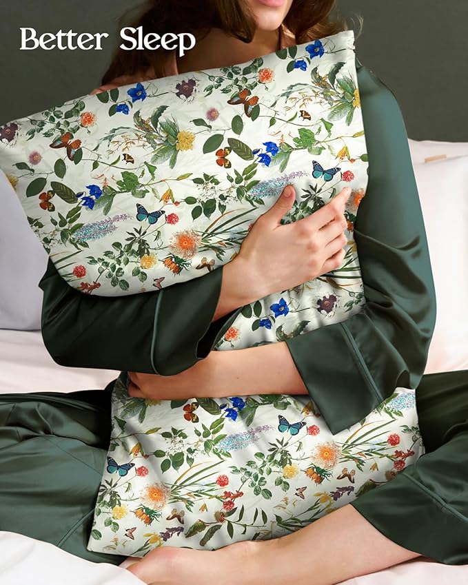 Silk Pillowcase 2 Pack - Pillow Cases 20" x 30" Queen Size Set of 2 for Hair and Skin Smooth Soft Breathable with Hidden Zipper Cooling Pillow Covers for Sleeping, Butterfly Plant