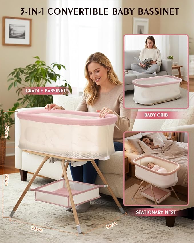 3 in 1 Baby Bassinet, Rocking Bedside Bassinet for Baby with Mesh Design & Soft Mattress, Bassinet Bedside Sleeper for Newborn Infant，Portable Nest with Storage Basket, Easy Assemble & Folding Pink