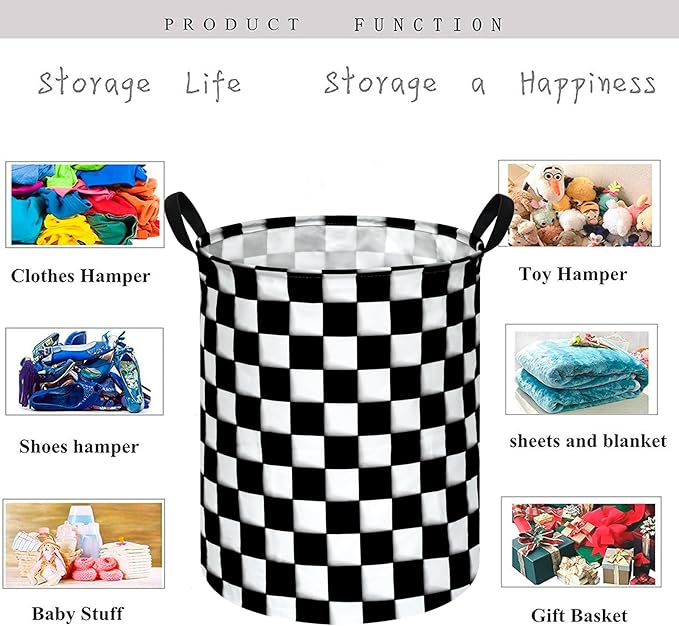 KUNRO Round Black-white Checker Laundry Basket Hamper Kids Toys and Clothes Storage Basket Children Gift Basket Baby Toy Organizer Bins for Room Decor