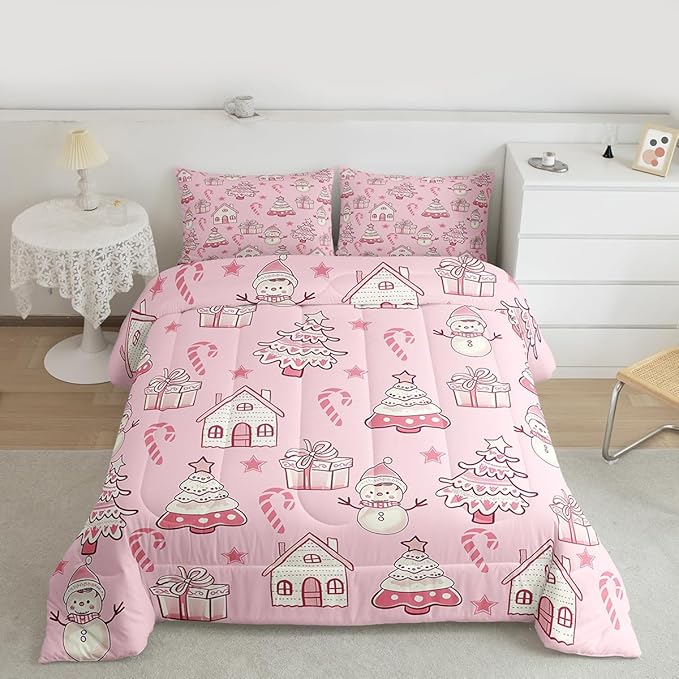 Feelyou Pink Christmas Comforter Set Queen Size Xmas Tree Snowman Bedding Set for Kids Boys Girls Star Gift Duvet Quilt Candy Cane Bedroom Decor Microfiber 3 Pcs with 2 Pillow Cases