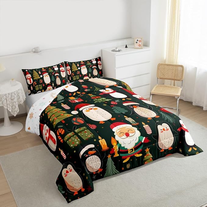 Feelyou Christmas Bedding Set Soft for Boys Girls, Penguin Santa Comforter Set Toddler Size Xmas Tree Snowflake Duvet Quilt Microfiber New Year Gift Bedroom Decor 2 Pcs with 1 Pillow Cases