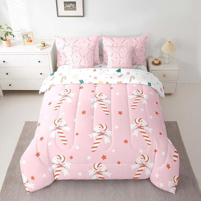 Feelyou Pink Christmas Girly Comforter Set with Sheets Kids Christmas Bowknot Bedding Set Boys Girls Bow Candy Decor Bed in a Bag Xmas Theme Bed Set Bedroom King Size