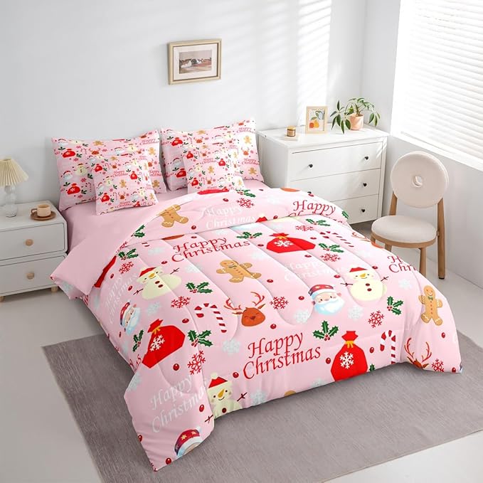 Christmas Deer King Comforter Set with Sheets for Kids Boys Girls Cute Gingerbread Man 7 Pieces Bedding Set Christmas Santa Claus Bed in a Bag Reversible Pink Decor Room Decor Soft Lightweight