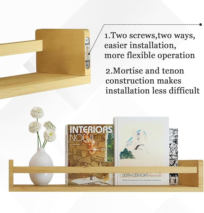 Floating Nursery Book Shelves for Wall, 23.6 Inch Nature Solid Wood Wall Mounted Bookshelf Set of 3, Hanging Bookshelves for Kids Room, Bedroom Nursery Decor and Book Storage (Wood-B)