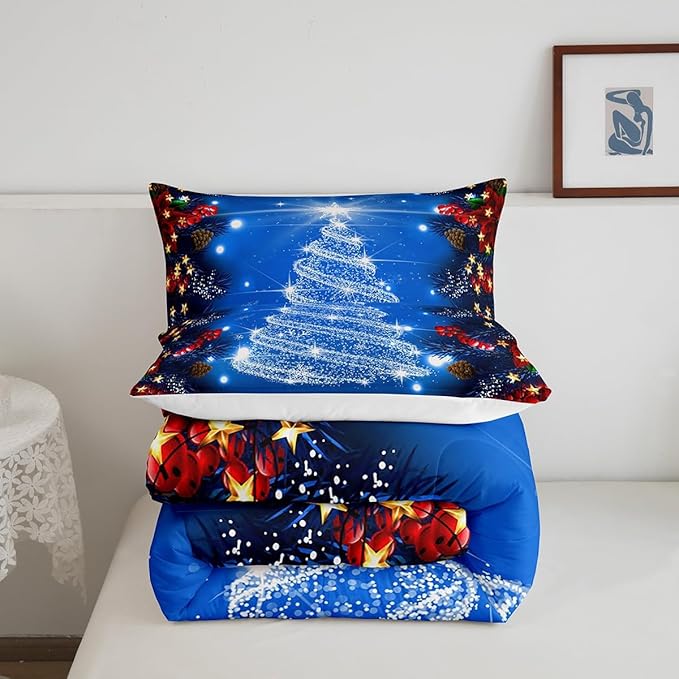 Feelyou Kids Merry Christmas Decorations Comforter Set, Kids Santa Tree Bedding Set Queen Size for Boys Girls Teens Xmas Christmas Bell Decor Comforter Glitter Blue Quilt Set