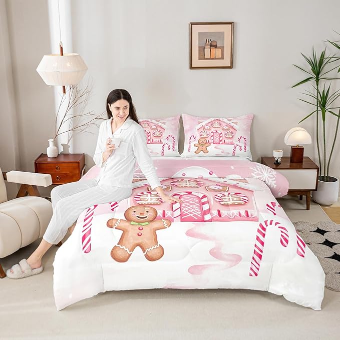 Feelyou Gingerbread Man Comforter Set Queen Size Gingerbread House Bedding Set for Kids Boys Girls Candy Canes Duvet Quilt Pink Christmas Scheme Bedroom Decor Snowflake 3 Pcs with 2 Pillow Cases