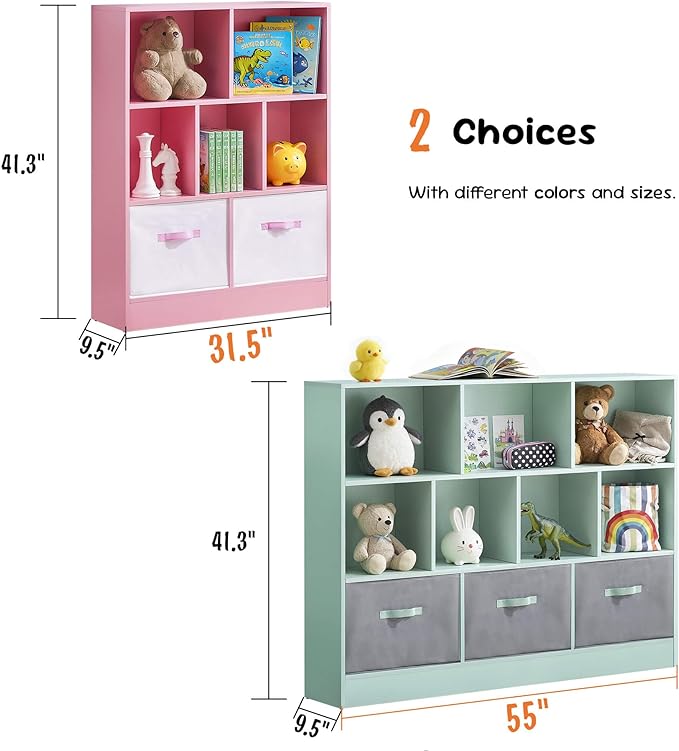 ivinta Toy Storage Organizer for Kids, 7-Cube Wooden Storage Cabinet with Collapsible Fabric Drawers for Children, 3-Tier Bookshelf for Playroom Nursery Bedroom Living Room (Pink)